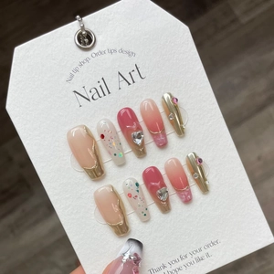 Handmade Press On Nails With Bow Rhinestone Heart Decor Sweet Cool Style Gradient Pink Gold Glitter Fake Nails For Women Daily Manicure