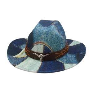 Retro Western Cowboy Hat Denim Patchwork Wide Brim With Leather Belt And Metal Bull Head Decoration For Travel