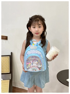 Close-up of sky blue unicorn backpack with sequins and glowing crown held by a girl