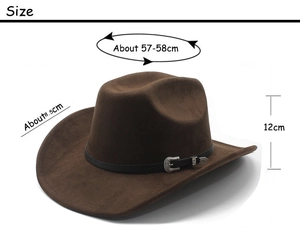 Brown suede cowboy hat with size chart showing 57-58cm circumference and 8.5cm brim