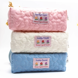 Quilted floral pencil case set with Lucky Flower embroidery in pink white and blue