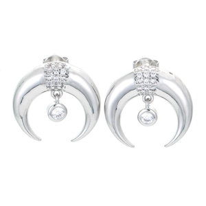 Silver horn crescent stud earrings with micro-set cubic zirconia in retro hip-hop style