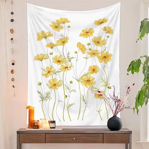 Detailed view of floral tapestry with yellow cosmos flowers on a minimalist wall