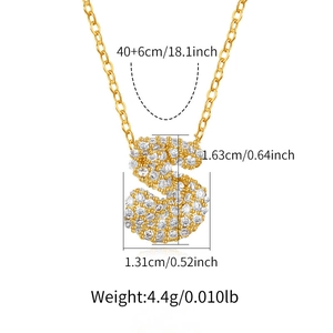 Macro view of gold plated letter S necklace with cubic zirconia and size dimensions