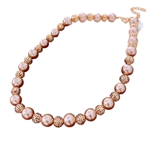 Elegant champagne glass pearl and hollow gold bead necklace with lobster clasp
