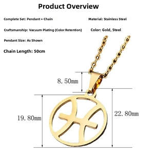 Detailed view of vacuum-plated gold stainless steel zodiac pendant with dimensions
