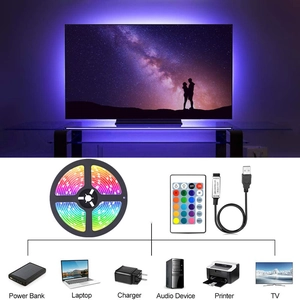 USB-powered RGB LED strip kit with remote showing TV backlighting and power compatibility