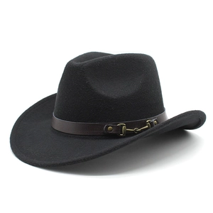 Detail of black wool felt cowboy hat featuring brown leather band and gold buckle