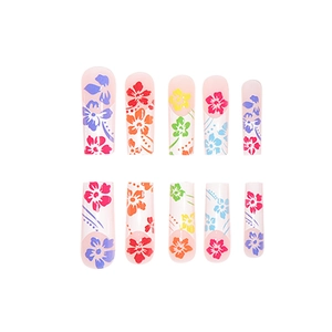 Long square-oval press on nails with colorful floral French tip designs in multiple hues