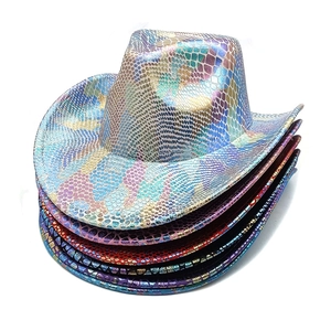 Detailed close-up of metallic cowboy hats with snake skin texture in vibrant multiple colors