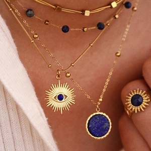 Evil Eye Lapis Lazuli Necklace Ring Jewelry Stainless Steel Gold Plated Sun Geometric Bohemian Style For Women