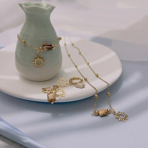 18K gold plated necklace bracelet earring set with natural jasper stone and sun charms
