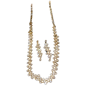Luxury geometric square diamond necklace and earring set in elegant gold finish