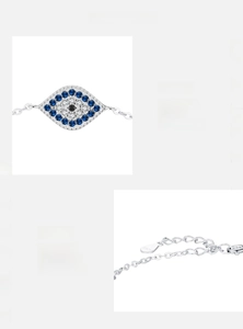 Macro detail of S925 sterling silver evil eye bracelet with blue zircon and S925 hallmark