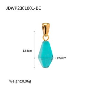 Macro view of geometric turquoise pendant showing dimensions 1.83cm by 0.67cm