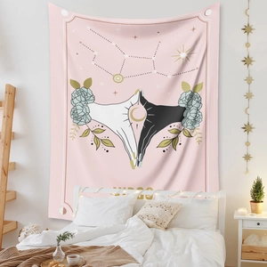 Detailed view of pink Virgo constellation tapestry in a cozy modern bedroom setting
