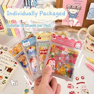 Set of 100 cute cartoon DIY stickers featuring rabbits and bears in transparent packs