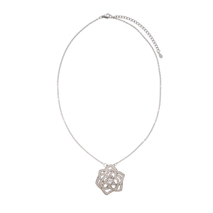 Elegant silver rose flower pendant necklace with shimmering zircon stones on white background