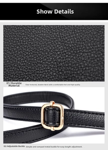 Detail of black lychee leather strap with adjustable gold square metal buckle on handbag