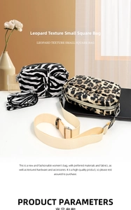 Close-up of leopard and zebra print crossbody bags with adjustable wide fabric straps
