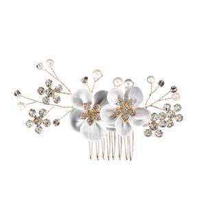 Exquisite bridal hair comb with white mesh flowers, rhinestones and pearls on gold pins