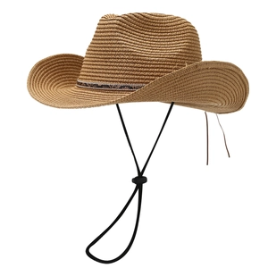 Brown woven straw cowboy hat with snakeskin pattern band and adjustable chin strap