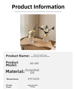 Detailed specs of MS-099 reed diffuser set with dried flowers and frosted glass bottles