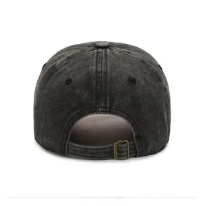 Rear view of vintage washed grey baseball cap with adjustable metal buckle strap