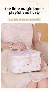 Dettaglio della borsa per il trucco in cotone trapuntato con fiocchi rosa e logo in pelle