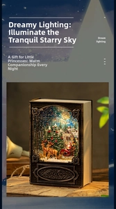 Detail showing vintage book-shaped Christmas lantern with Santa scene and warm lighting