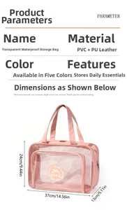 Detailed view of pink waterproof PVC toiletry bag with dimensions 37x13x24cm and top handle