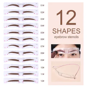 Detailed set of 12 eyebrow stencil shapes with adjustable pink head strap for styling
