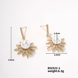 Detailed view of sunburst pearl earrings with cubic zirconia and size measurements