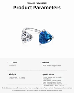 Detailed specs of S925 silver ring featuring blue and white heart ice-cut zircons