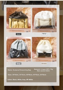 Detailed view of semi-transparent drawstring dust bags in four colors for handbag storage