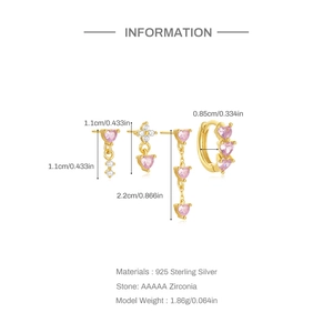 Detailed size specifications of pink heart zircon earring set in 925 sterling silver