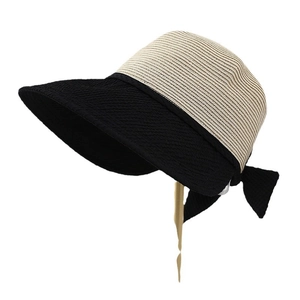 Women's chic wide brim sun hat with beige crown, black brim and rear bow detail