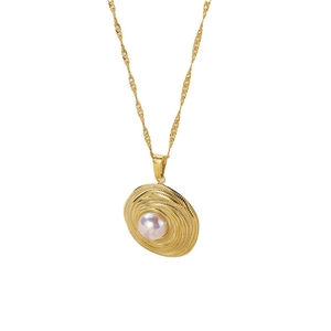 Elegant gold twisted chain necklace with a concentric metal disc and white pearl pendant