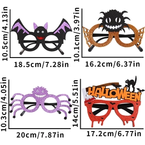 Size specifications of four Halloween glitter glasses including bat and spider designs