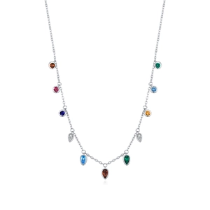 S925 sterling silver choker necklace with colorful multi-gemstone pendants on white base