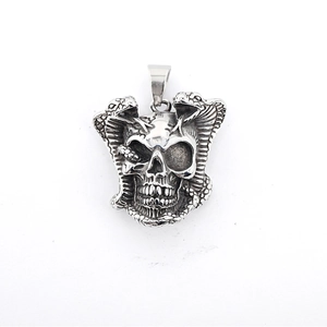 Gothic titanium steel skull pendant necklace with coiled cobras in silver finish