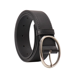 Classic black PU leather belt for women with round metal buckle and adjustable holes