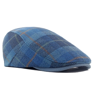 Men's wool blend beret with blue plaid pattern shown from a 45-degree angle