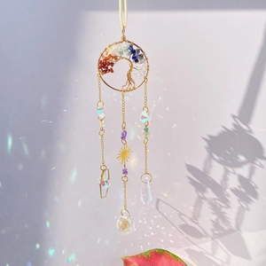 Macro detail of Tree of Life suncatcher with crystals casting rainbow light reflections