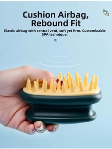 Detail of ergonomic silicone scalp brush featuring elastic air cushion and massage bristles