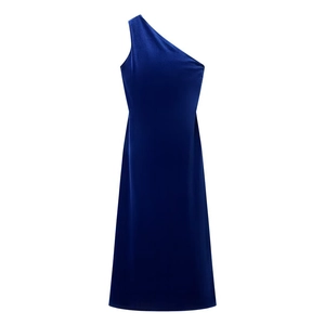Detail of royal blue one-shoulder satin midi dress with elegant side pleats and silky sheen