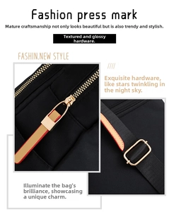 Detail of durable golden metal zippers and adjustable buckles on a black oxford backpack