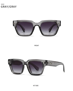 Vorder- und Seitenansicht der grauen transparenten Sonnenbrille mit Metall-Details