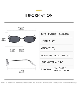 Size chart showing dimensions for metal square frame sunglasses including lens width and height