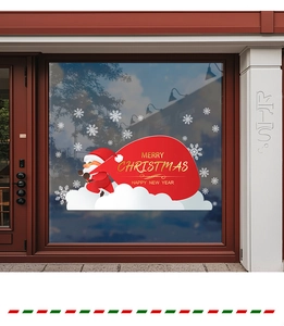 Detail of Santa Claus static window sticker with snowflakes and festive holiday text